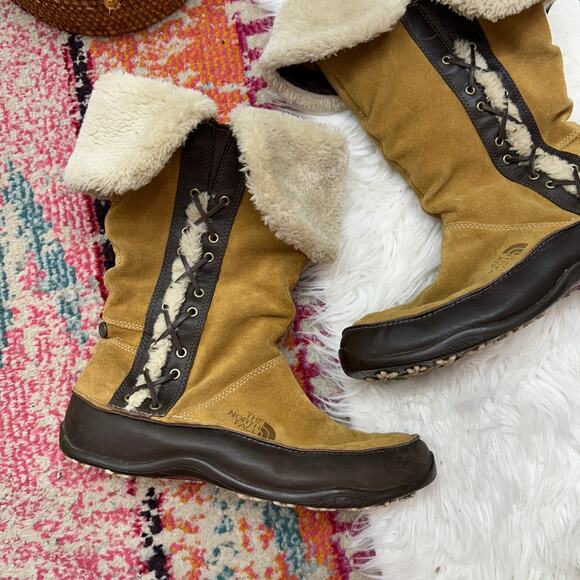 The North Face Tan Brown Fleece Fold Over Leather Snow Winter Boot 9 Cozy - Picture 2 of 9